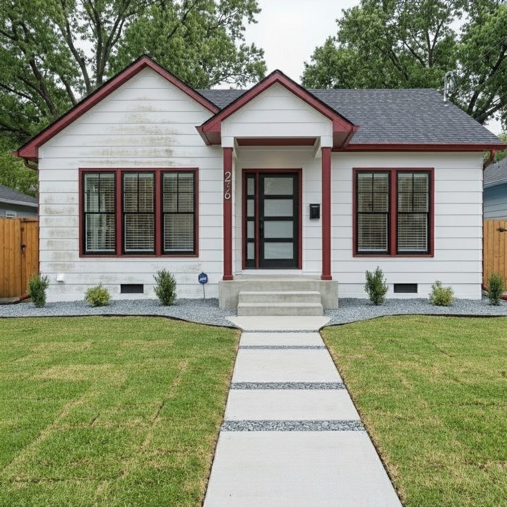 White house with red trim before renovation